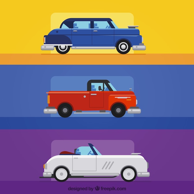 Бесплатное векторное изображение Вид сбоку трех цветных автомобилей