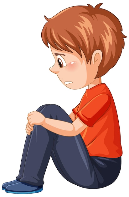 カートンのキャラクターに座っている悲しい少年の側面図