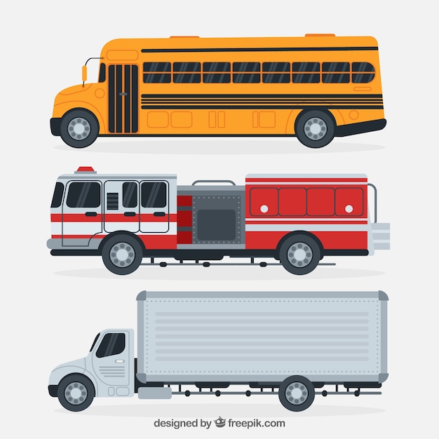 Vista laterale del bus scolastico, camion e camion antincendio