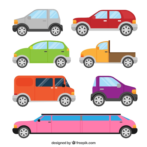 side view of six cars and a luxury limousine