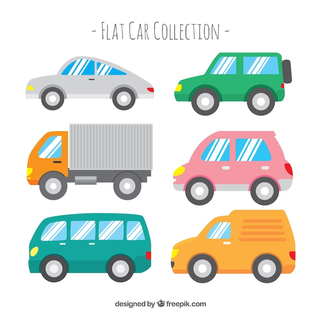 Free vector side view of six cars with shiny windows