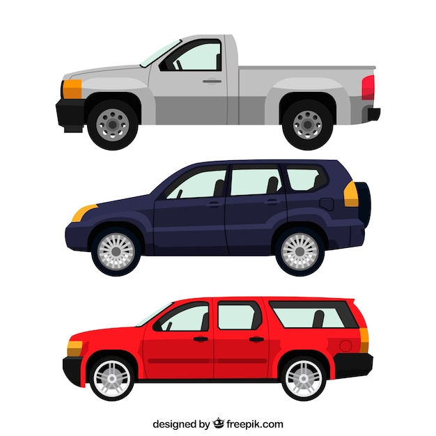 Free vector side view of three realistic vehicles