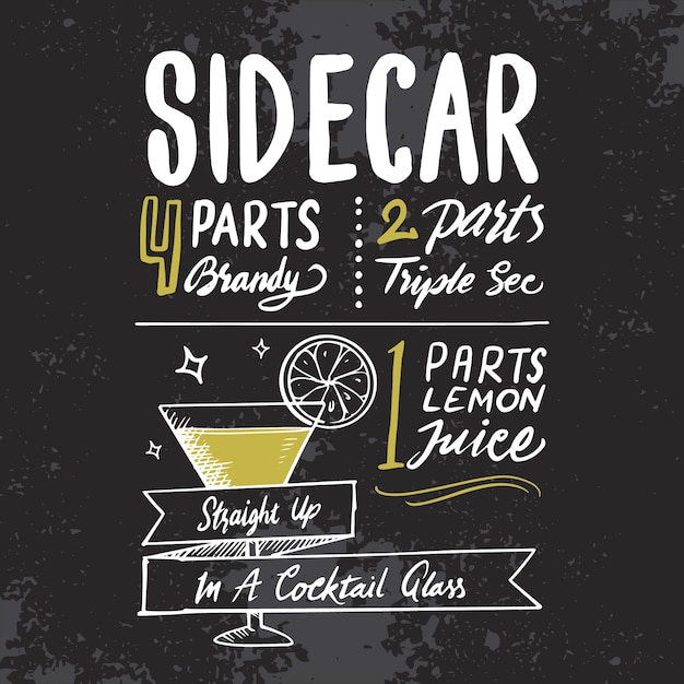 Free vector sidecar alcoholic cocktail recipe on blackboard