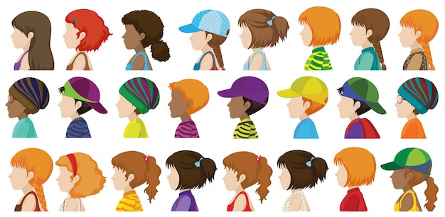 Free vector sideview of the different faces of human beings on a white background