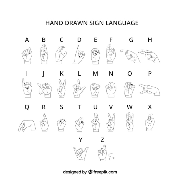 Vettore gratuito stile di alfabeto di lingua dei segni in mano disegnato