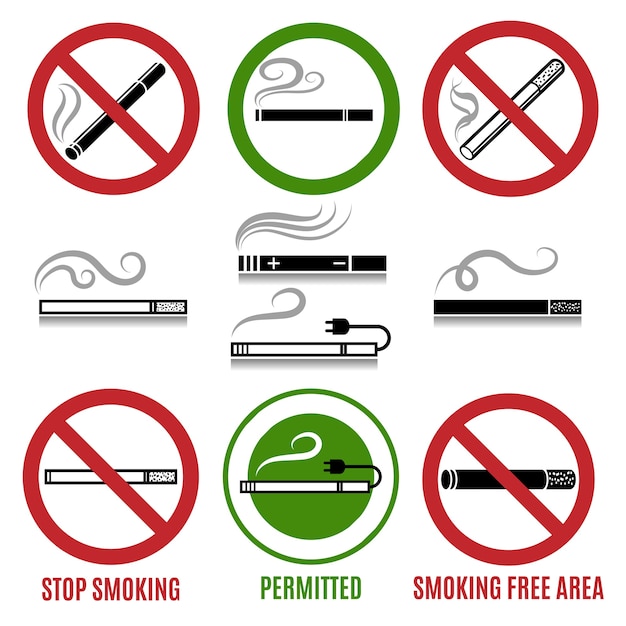Знак сигареты и знак не курить. запрет наркомании и табака, векторные иллюстрации Premium векторы