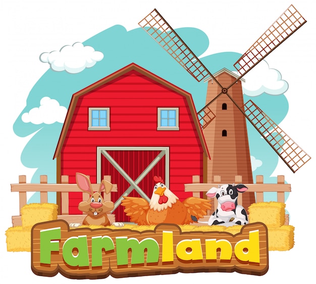 Free vector sign template for farmland with barn and many animals