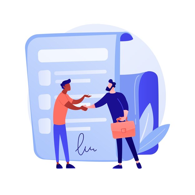 Signing contract. Official document, agreement, deal commitment. Businessmen cartoon characters shaking hands. Legal contract with signature concept illustration