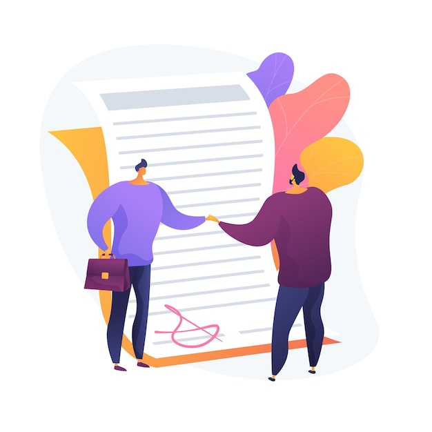 Free vector signing contract. official document, agreement, deal commitment. businessmen cartoon characters shaking hands. legal contract with signature.