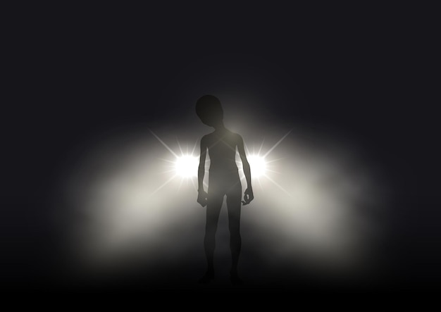 Silhouette of an alien lit up in car headlights on a foggy night