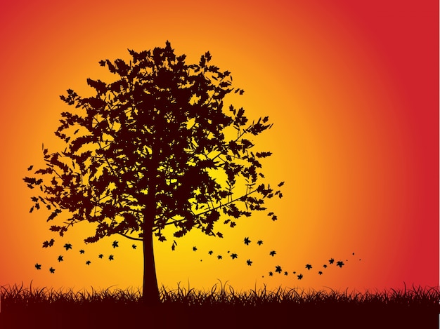 Free vector silhouette of an autumn tree with leaves falling