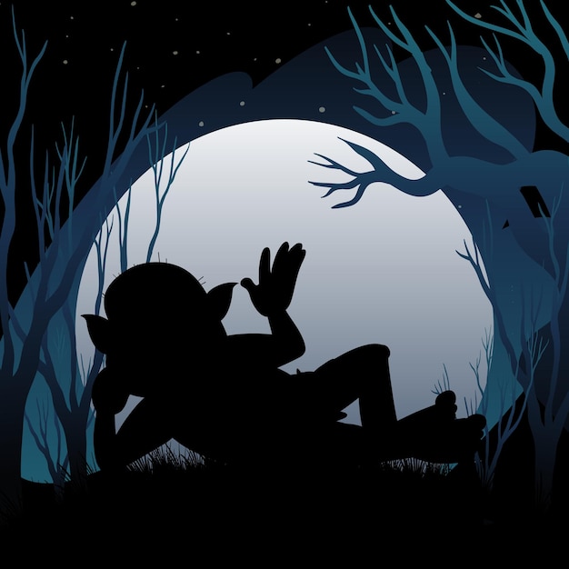 Free vector silhouette background with full moon and troll