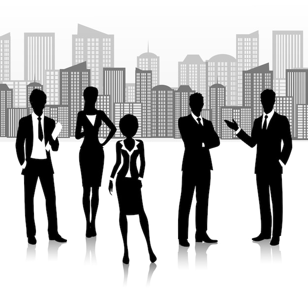 Free vector silhouette business group team people on buildings landscape vector illustration