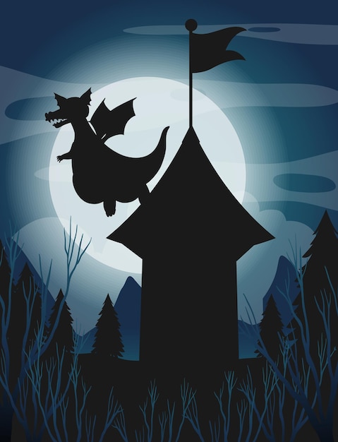 Free vector silhouette castle and dragon with full moon background