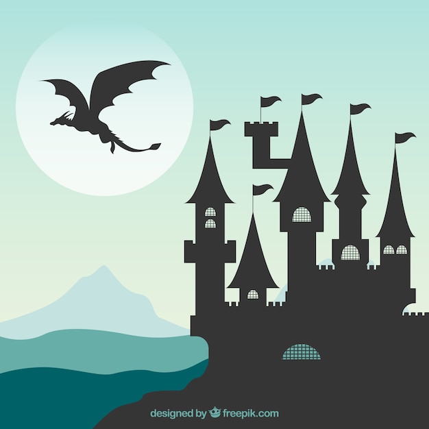 Silhouette of castle and flying dragon