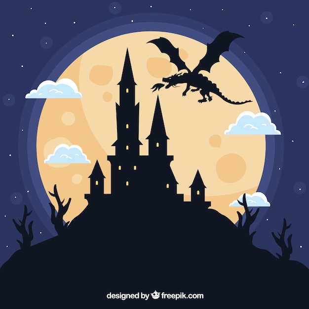 Free vector silhouette of castle and flying dragon