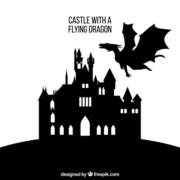 Silhouette of castle and flying dragon