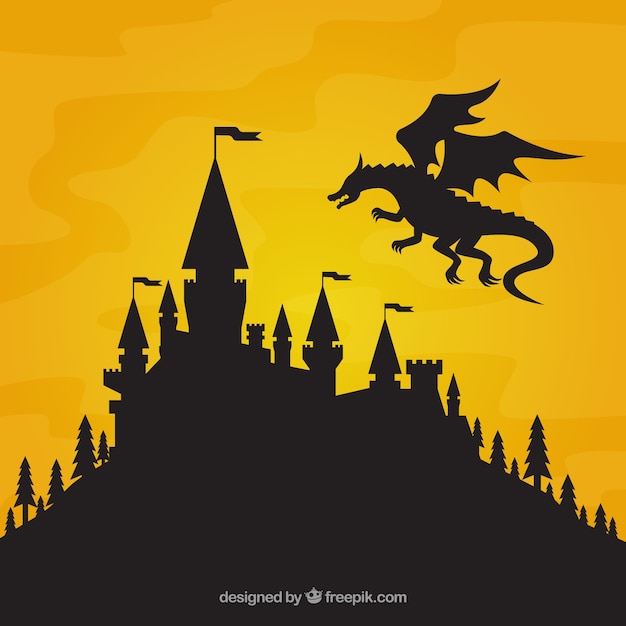 Vettore gratuito silhouette del castello e drago volante