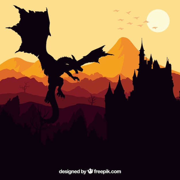 Silhouette Of Castle And Flying Dragon