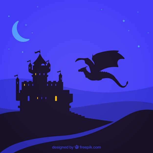 Silhouette of castle and flying dragon