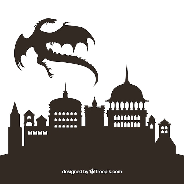 Free Vector silhouette of castle and flying dragon