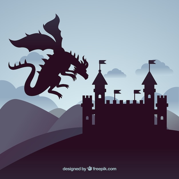 Vettore gratuito silhouette del castello e drago volante