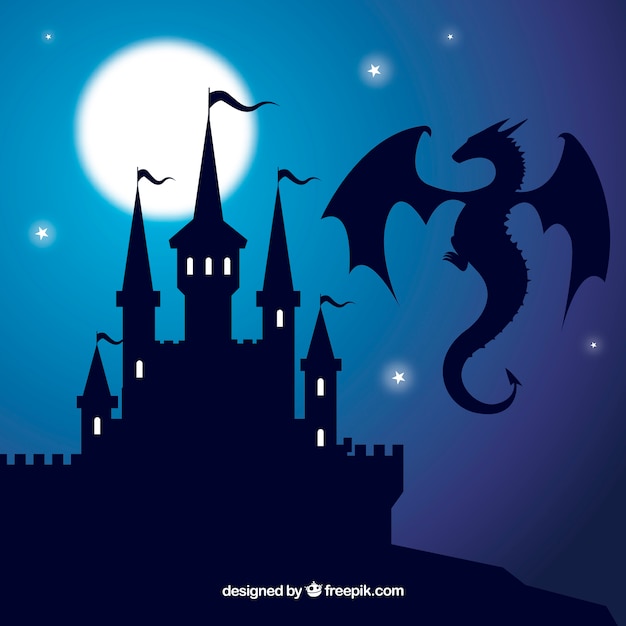 Free vector silhouette of castle and flying dragon