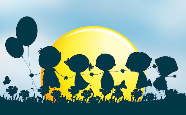 Free vector silhouette children holding hands in park