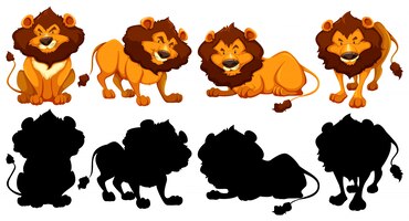 Silhouette, color and outline version of lions