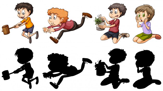 Silhouette and color version of kids in fun actions