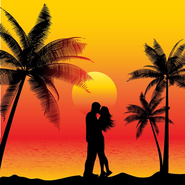 日没時にビーチでキスするカップルのシルエット