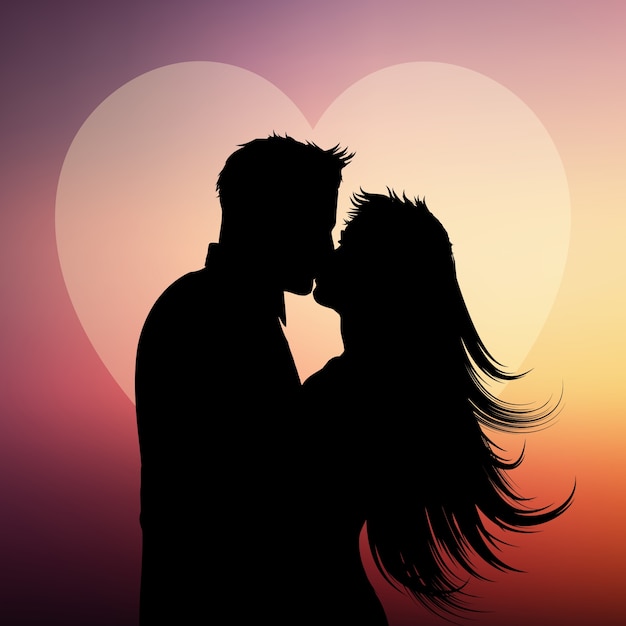Vettore gratuito siluetta delle coppie che baciano su una priorità bassa del cuore