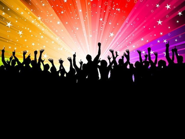 Silhouette of a crowd of party people on a starburst background