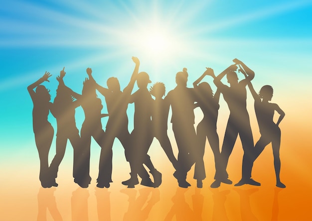 Free vector silhouette of a crowd of people dancing on a beach themed background