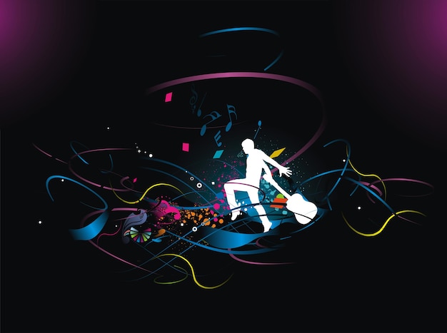 カラー波線背景ベクトルイラストと踊る男のシルエット