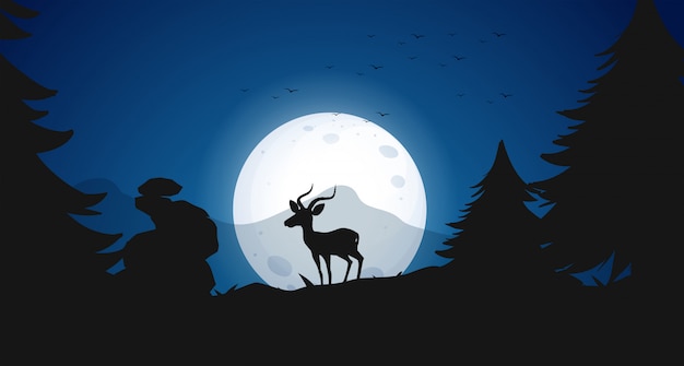 Free vector silhouette deer at night forest