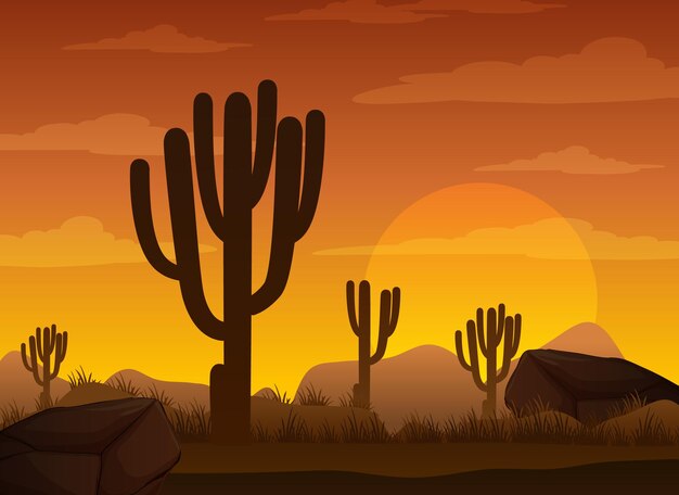 日没時のシルエット砂漠の森