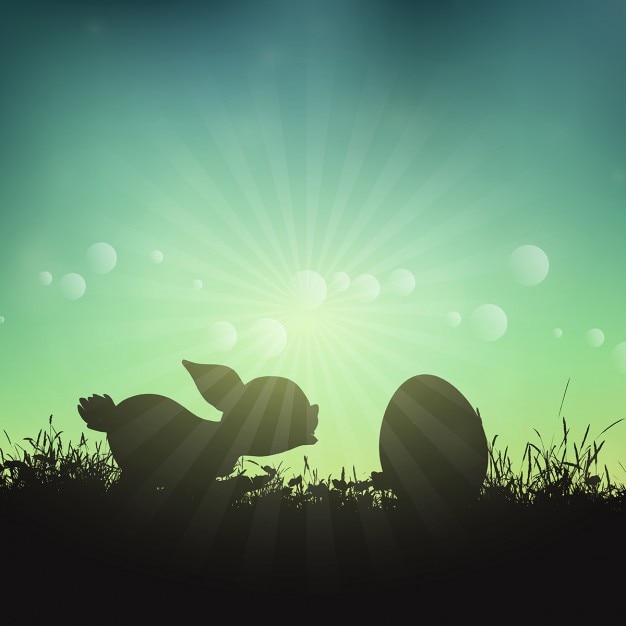 Silhouette of an easter bunny and egg in grassy landscape