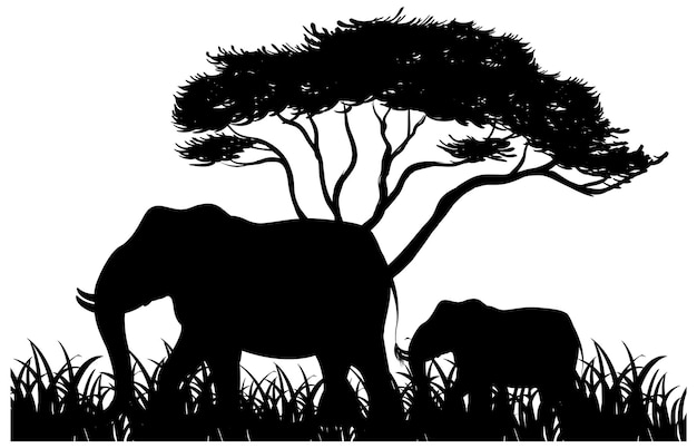 Silhouette elefante in natura sfondo bianco