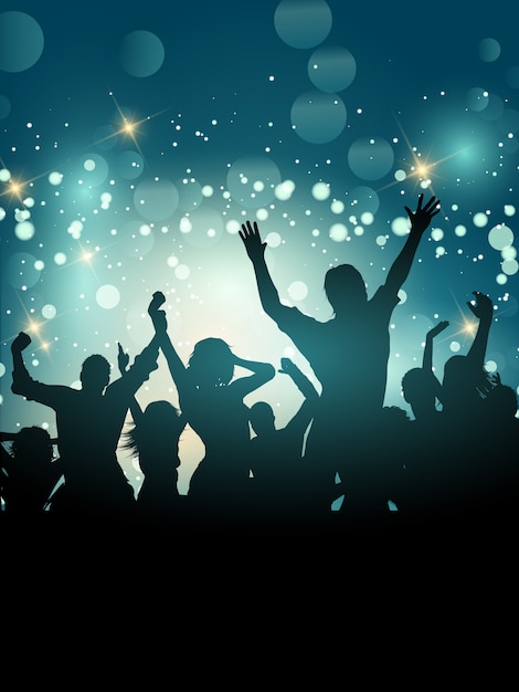 Free vector silhouette of an excited party crowd on a bokeh lights background