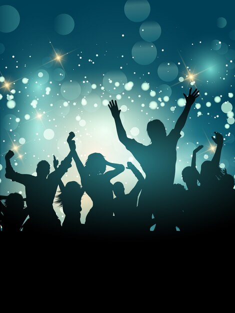 Silhouette of an excited party crowd on a bokeh lights background