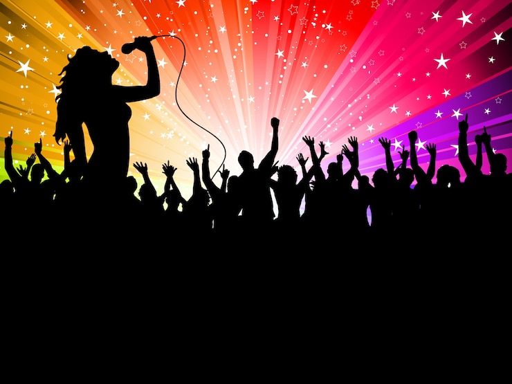 Free Vector silhouette of a female singer performing in front of a cheering audience