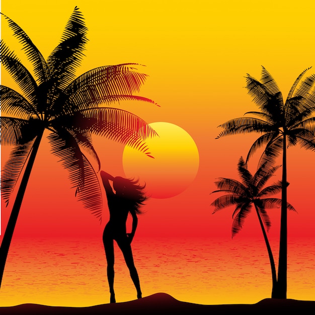 Silhouette of a female on a sunset beach with palm trees