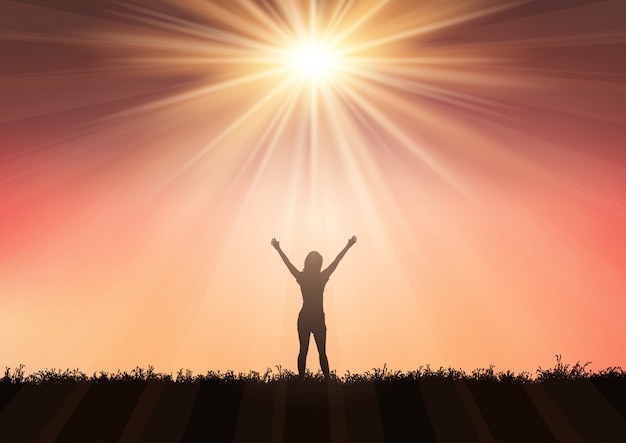 Free vector silhouette of female with arms raised against sunset sky 0409