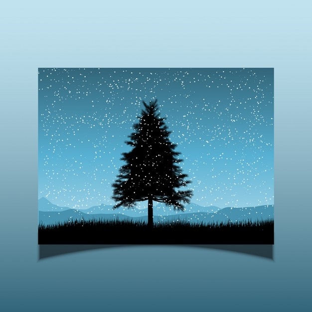 Silhouette of a fir tree on a snowy night card