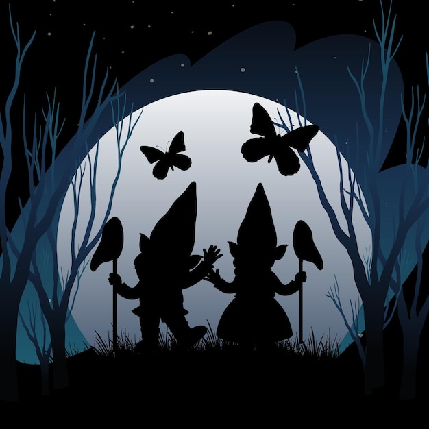 Free vector silhouette gnomes with full moon background