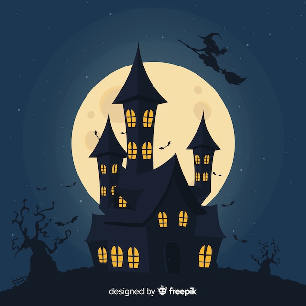 Free vector silhouette of a house on a full moon night