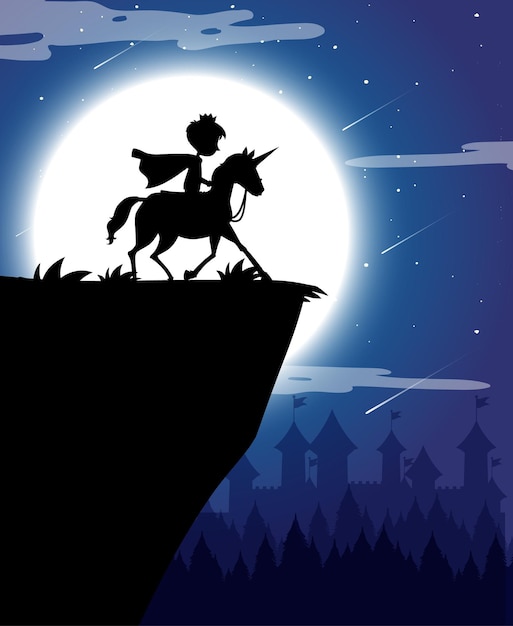 Silhouette knight ridng unicorn with full moon background
