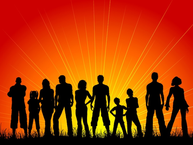 Free Vector silhouette of a large crowd of people against a sunset sky
