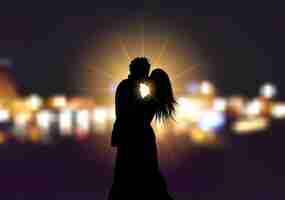 Free vector silhouette of a loving couple on bokeh lights background